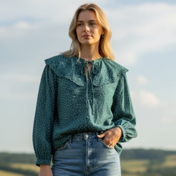 a new day Tops - A New Day Green Polka Dot Blouse Long Sleeve Eyelet Collar Boho Prairie Top XXL